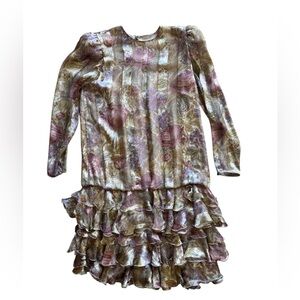 Judy Hornby vintage couture pastel floral metallic gold 100% silk dress size 6